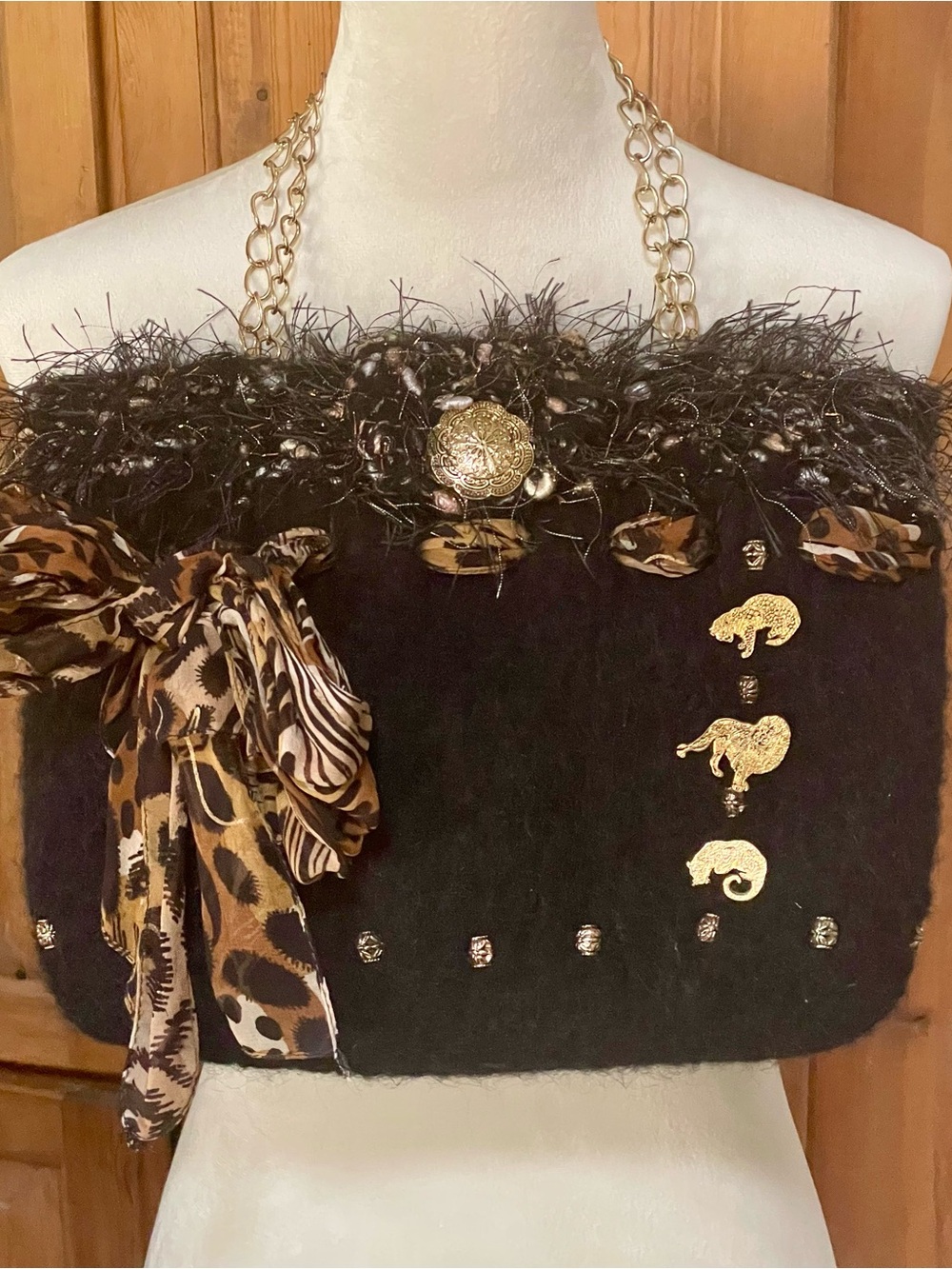 Black Faux Fur Purse with Gold Accents and Leopard print Bow